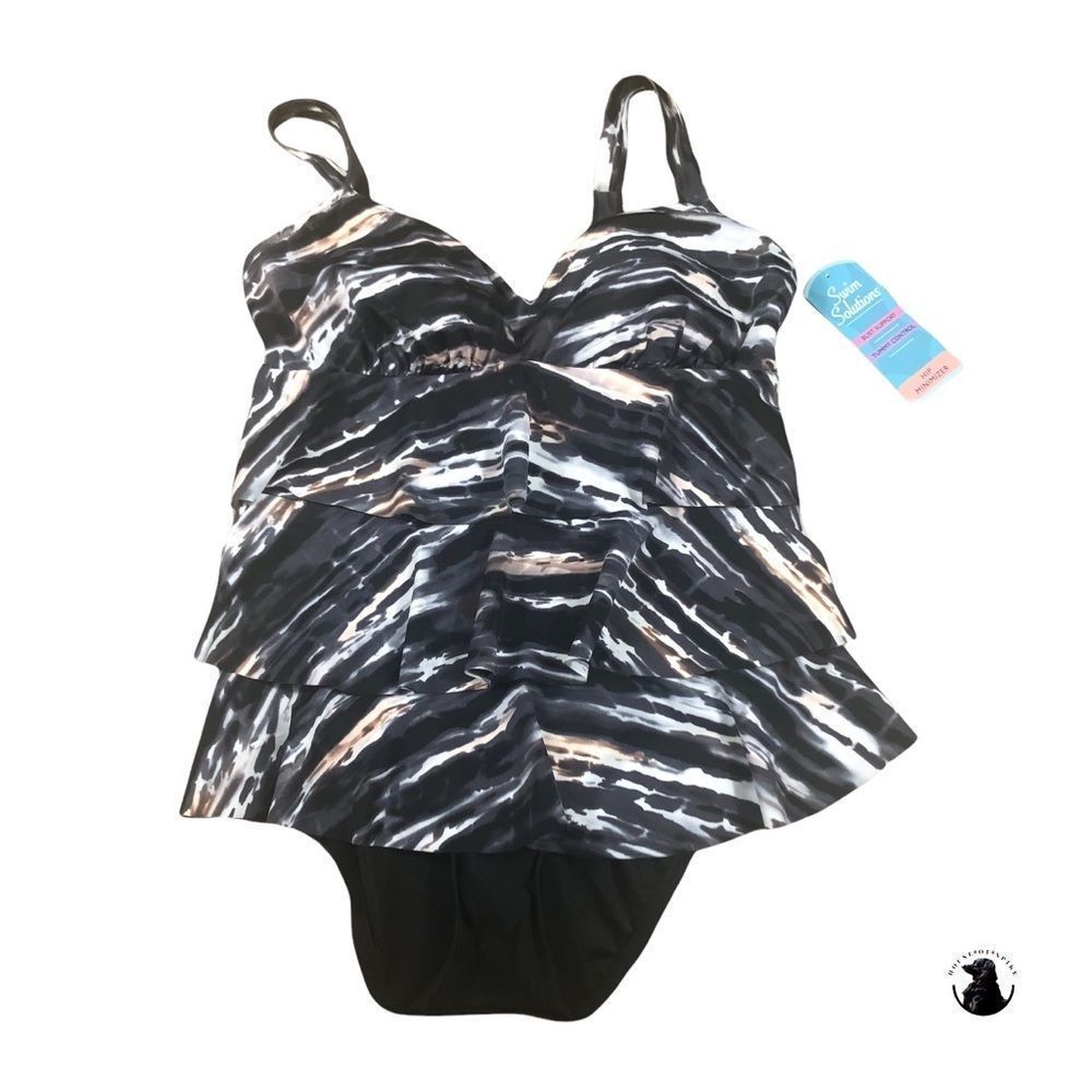 Swim Solutions Bust Support Tummy Control Ruffle One Piece Swimsuit D Cup NWT 12